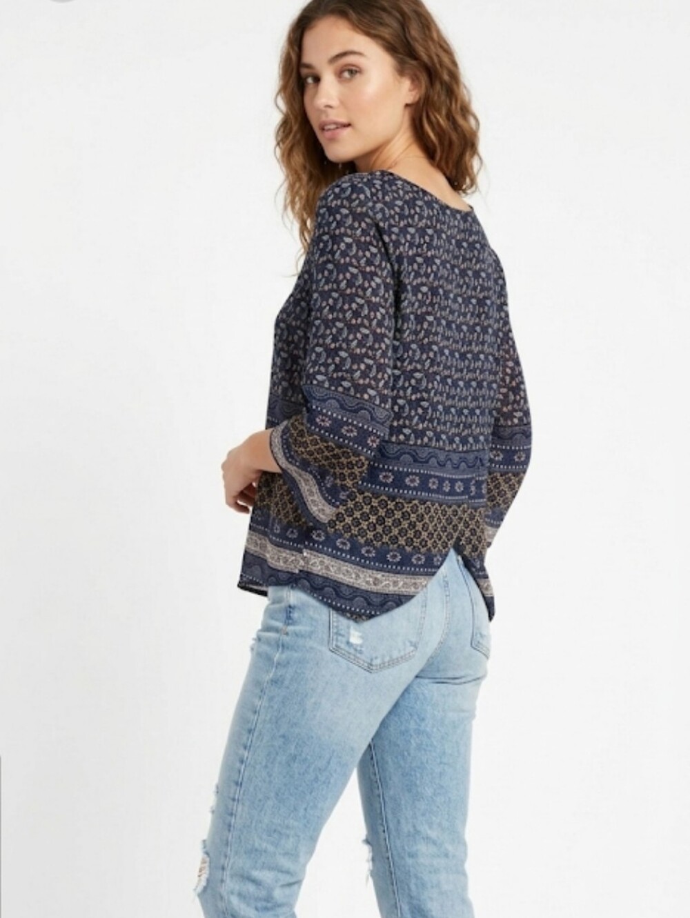 Patrons of Peace Blue Paisley Boho Blouse Womens L Mixed Print Tulip Back Top